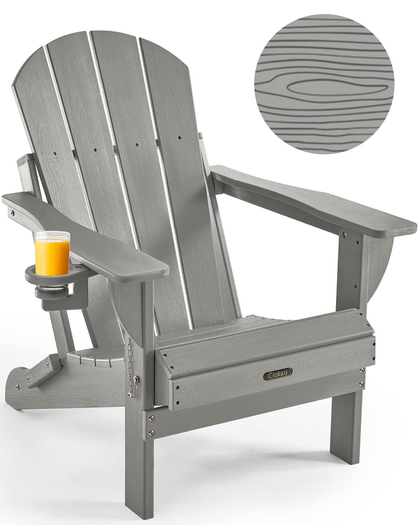 Ciokea Folding Adirondack Chair Wood Texture, Patio Chair Weather Resistant, Plastic Fire Pit Chair with Cup Holder, for Lawn Outdoor Porch Garden Backyard Deck (Grey) - CookCave