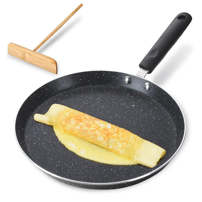 Buecmue 10.5 Inch Nonstick Crepe Pan with Spreader, Granite Coating Skillet Pan for Roti Egg Omelet Tortilla Tawa Dosa, Flat Frying Pan, Induction Compatible PFOA & PTFEs Free - CookCave