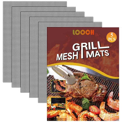 LOOCH BBQ Mesh Grill Mat Set of 5 - Heavy Duty Nonstick Mesh Grilling Mats & Barbecue Accessories - Reusable and Easy to Clean - Works on Gas, Charcoal, Electric Grill and More - 15.75 x 13 Inch - CookCave