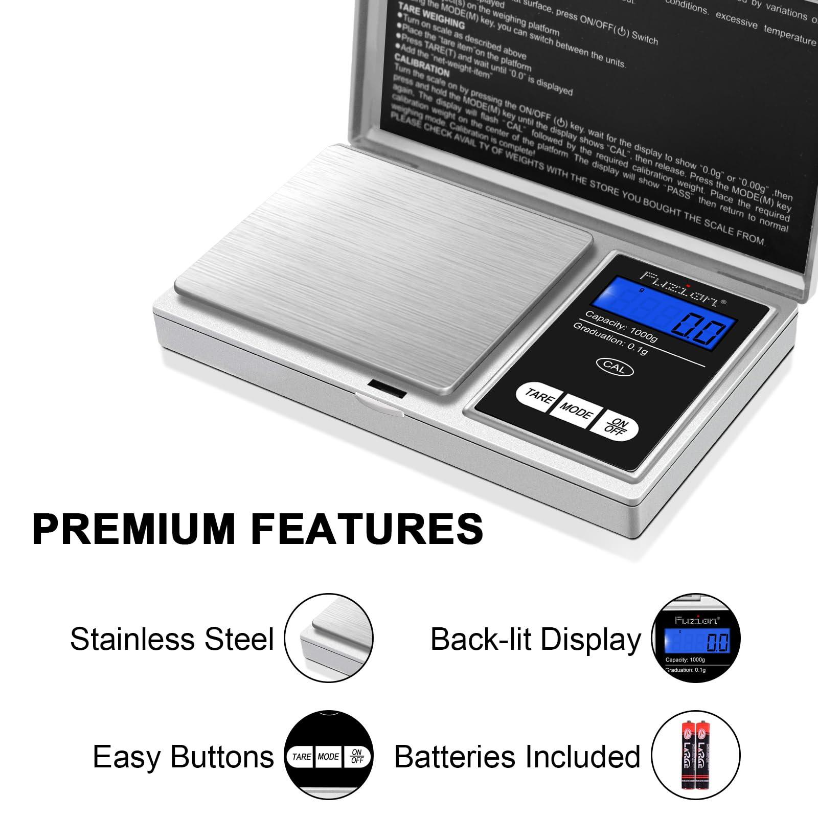 Fuzion Pocket Gram Scale Precision 1000g/0.1g, Mini Digital Scales Grams and Ounces, Grain Scale, Herb Scale, Portable Travel Food Scale, Digital Scale - CookCave