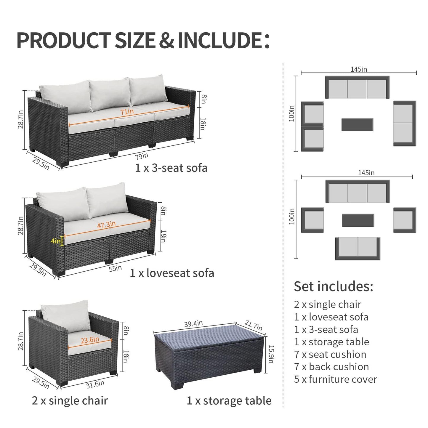 Rattaner 5-Piece Patio Furniture Sofa Set Outdoor Wicker Sectional Couch with Storage Table No-Slip Cushions Furniture Covers, Grey - CookCave