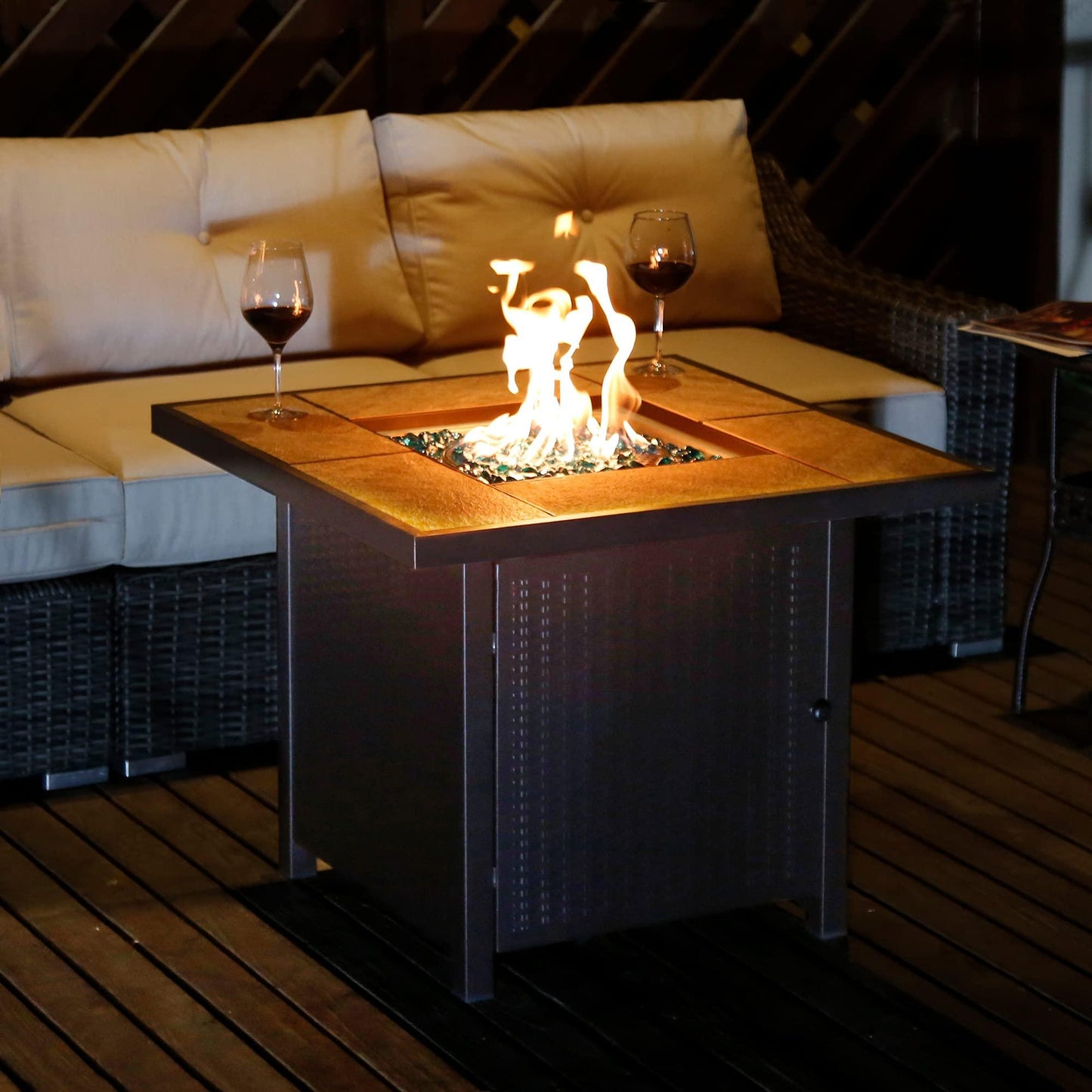 BALI OUTDOORS Propane Gas Fire Pit Table 32 inch 50,000 BTU Square Gas Firepits for Outside, Brown - CookCave