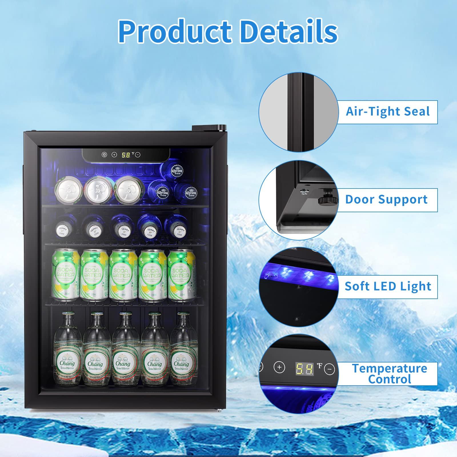 Antarctic Star Mini Fridge-95 Can Beverage Refrigerator Wine Cooler Clear Front Glass Door Small Drink Touch Screen for Soda Beer Bar Office Home 2.6 cu.ft…… - CookCave