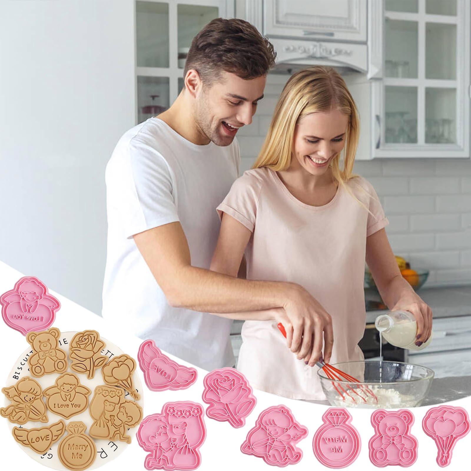 108Pcs Valentine's Day Cookie Cutters, 3D Cookie Stamps & Cookie Treat Bags Set, Plastic Cookie Press Cookie Mould Kitchen Tools for Party DIY Baking Supplies (Wedding A) - CookCave