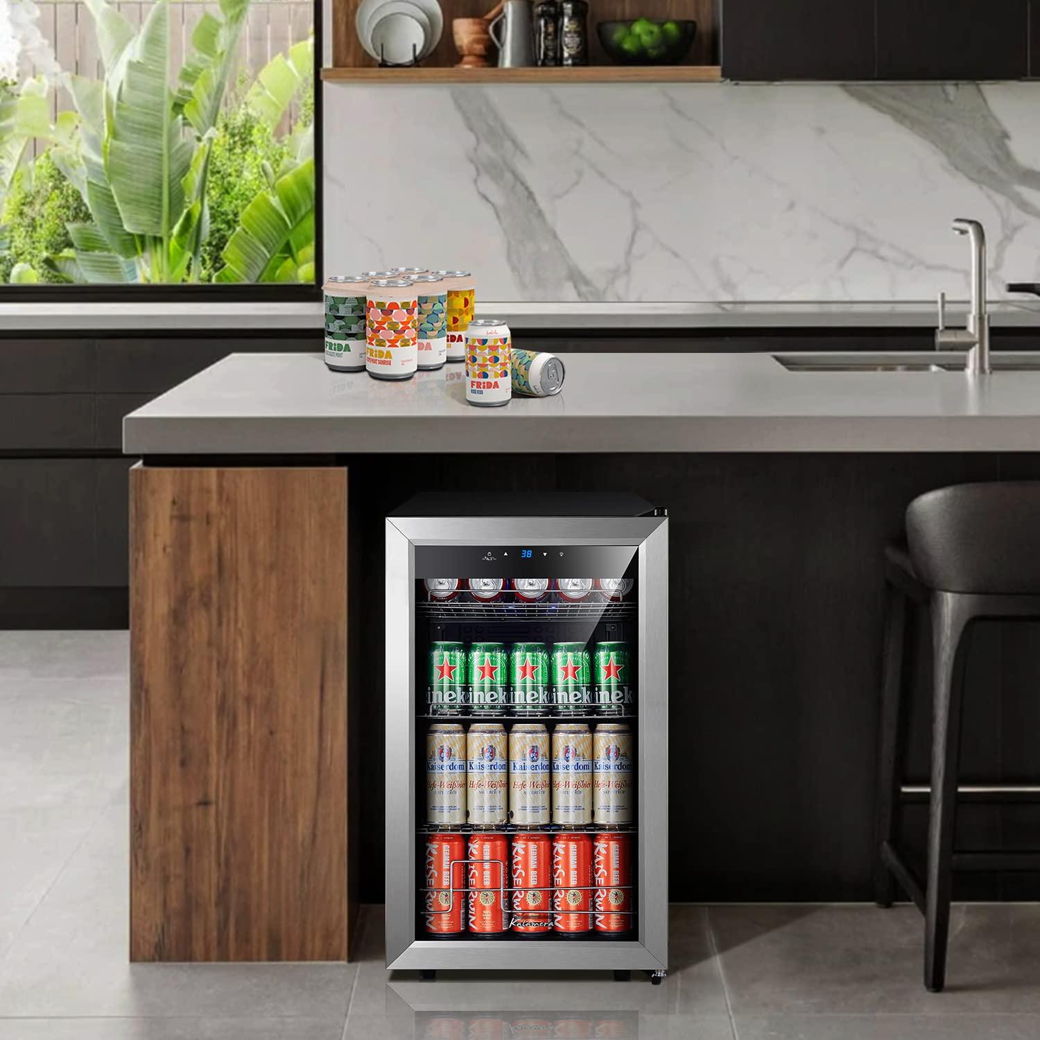 Kalamera Mini Beverage Refrigerator Freestanding- 102 Cans Capacity Beverage Cooler- for Soda, Water, Beer or Wine - For Kitchen or Bar with Whit Interior Light - CookCave