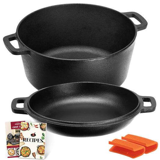 Overmont 2 in 1 Pre Seasoned Dutch Oven with Skillet Lid for Induction, Electric, Grill, Stovetop, BBQ, Camping (5 Quart) - CookCave