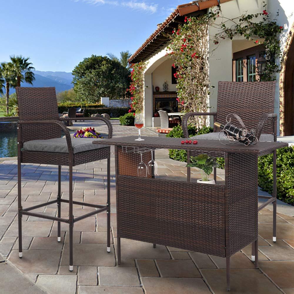 VINGLI Wicker Outdoor Bar Table with 2 Steel Shelves, Sets of Rails, Rattan Patio Storage for Backyard, Poolside, Garden - CookCave