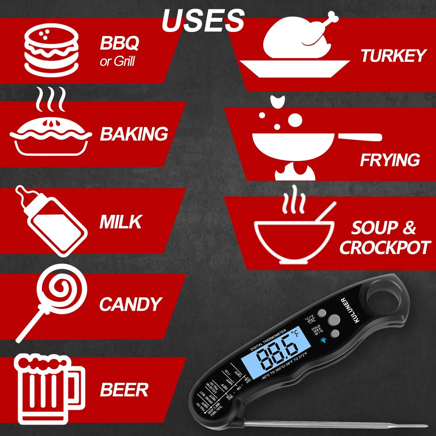 KULUNER TP-01 Waterproof Digital Instant Read Meat LCD Thermometer with 4.6” Folding Probe Backlight & Calibration Function for Cooking Food Candy, BBQ Grill, Liquids,Beef(Black) - CookCave