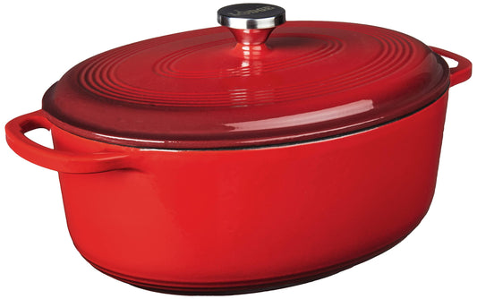 Lodge 7 Quart Enameled Cast Iron Dutch Oven with Lid – Dual Handles – Oven Safe up to 500° F or on Stovetop - Use to Marinate, Cook, Bake, Refrigerate and Serve – Red - CookCave