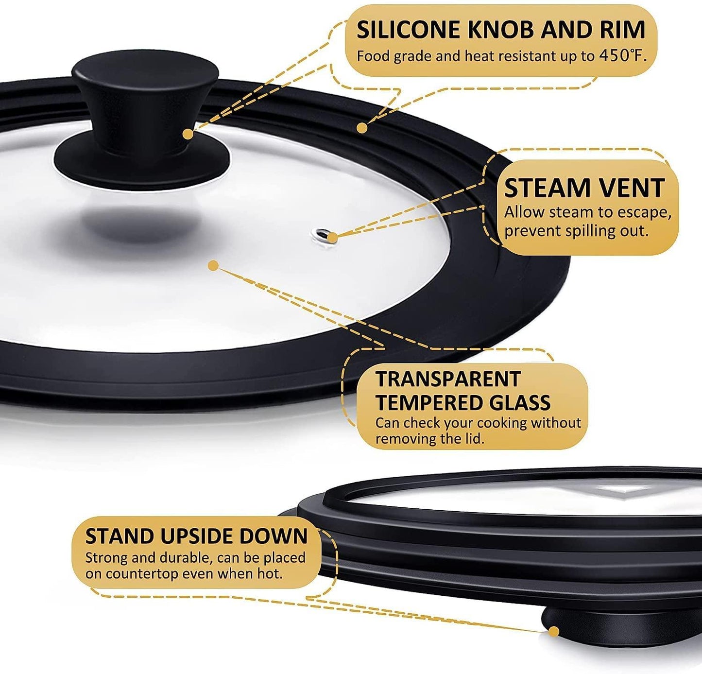 Ydeapi Universal Lids for Pots, Pans & Skillets - Fits 7", 8" & 9" Diameter, 10", 11" & 12" Diameter Cookware, Tempered Glass with High Heat Resistant Silicone Rim (2PK) - CookCave