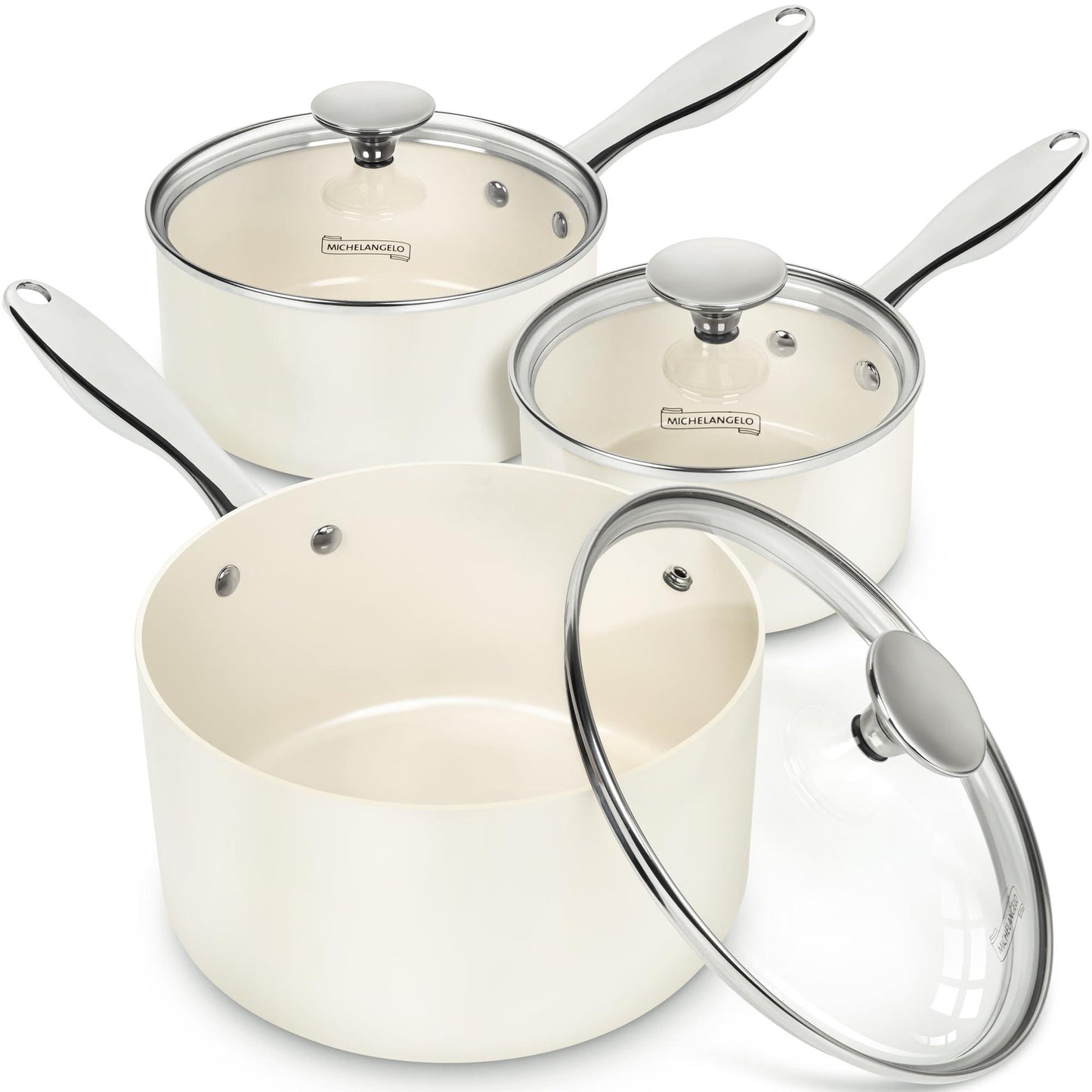MICHELANGELO Sauce Pan Sets, Ceramic Saucepans with Lid, 1Qt & 2Qt & 3Qt Small Pots for Cooking, Nonstick Saucepan Set with Stainless Steel Handle, Oven Safe, White - CookCave