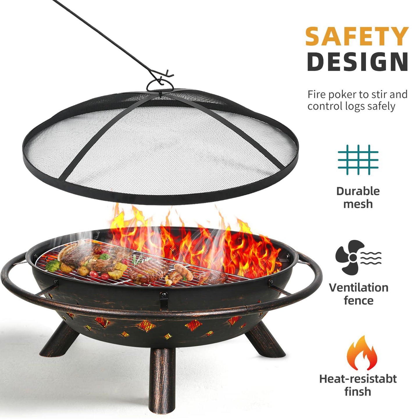 Hykolity 41" Large Size 2 in 1 Outdoor Fire Pit with Grill, Heavy Duty Steel Wood Burning Firepalce, Fire Bowl with Antiqued Copper Finish for Bonfire Patio Backyard - CookCave