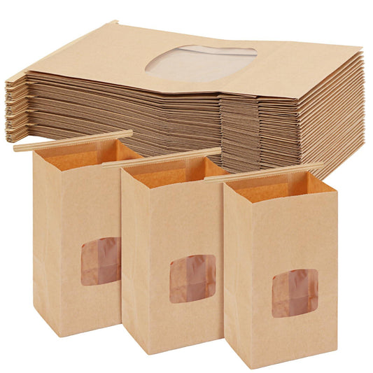 Moretoes 100pcs Small Bakery Bags with Window, Cookie Bags Coffee Bags Kraft Paper Bags, Tin Tie Tab Lock Bags Brown Window Bags (3.5 x 2.36 x 6.7 Inches) - CookCave