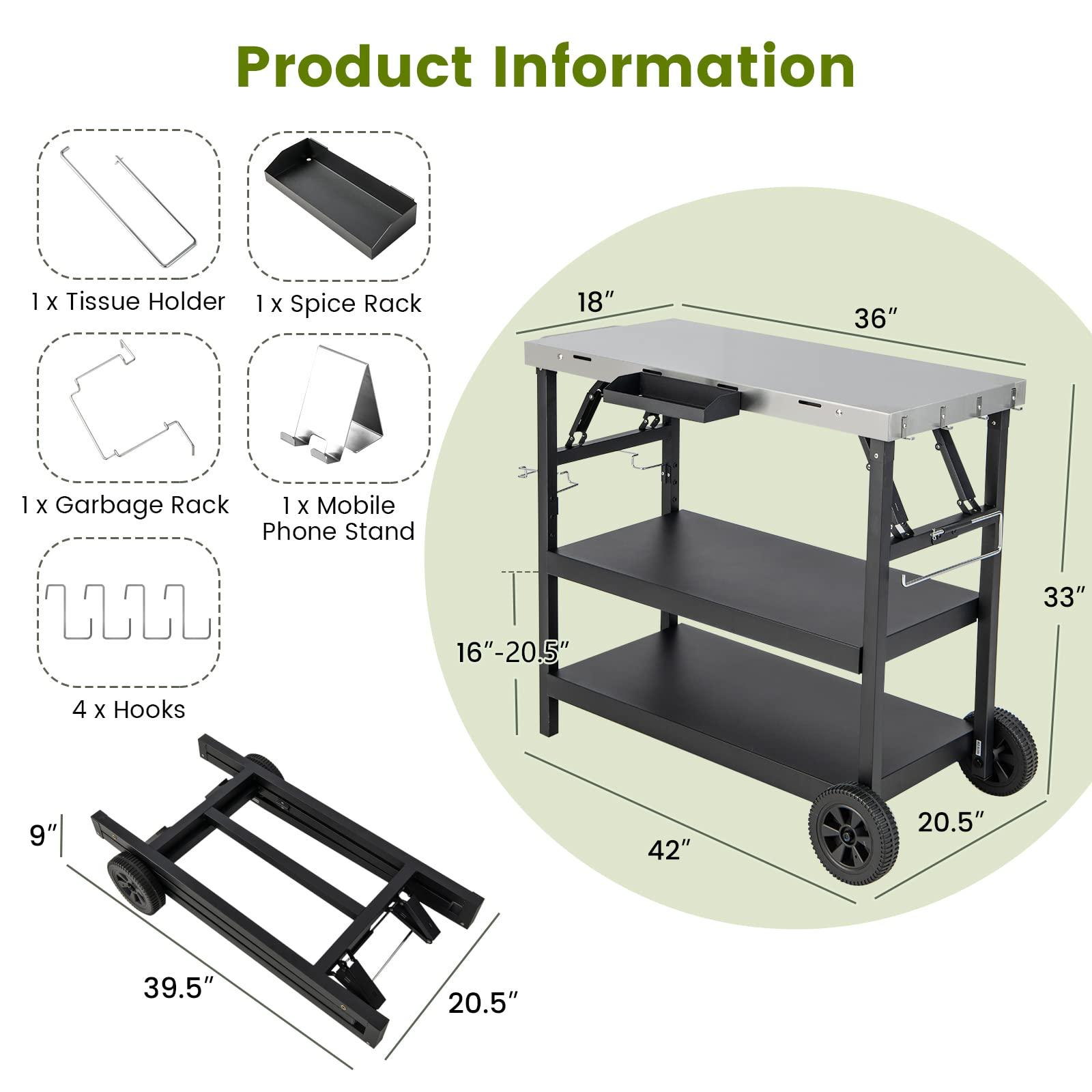 Giantex Outdoor Grill Cart with Wheels, Food Prep Table with 3 Storage Shelves, Detachable Spice Rack, Garbage Bag Holder, 4 Hooks, Movable Dining Cart Worktable Trolley for Outside Kitchen BBQ - CookCave