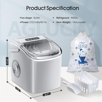 AGLUCKY Ice Makers Countertop,Portable Ice Maker Machine with Handle,Self-Cleaning Ice Maker, 26Lbs/24H, 9 Ice Cubes Ready in 8 Mins, for Home/Office/Kitchen(Grey) - CookCave