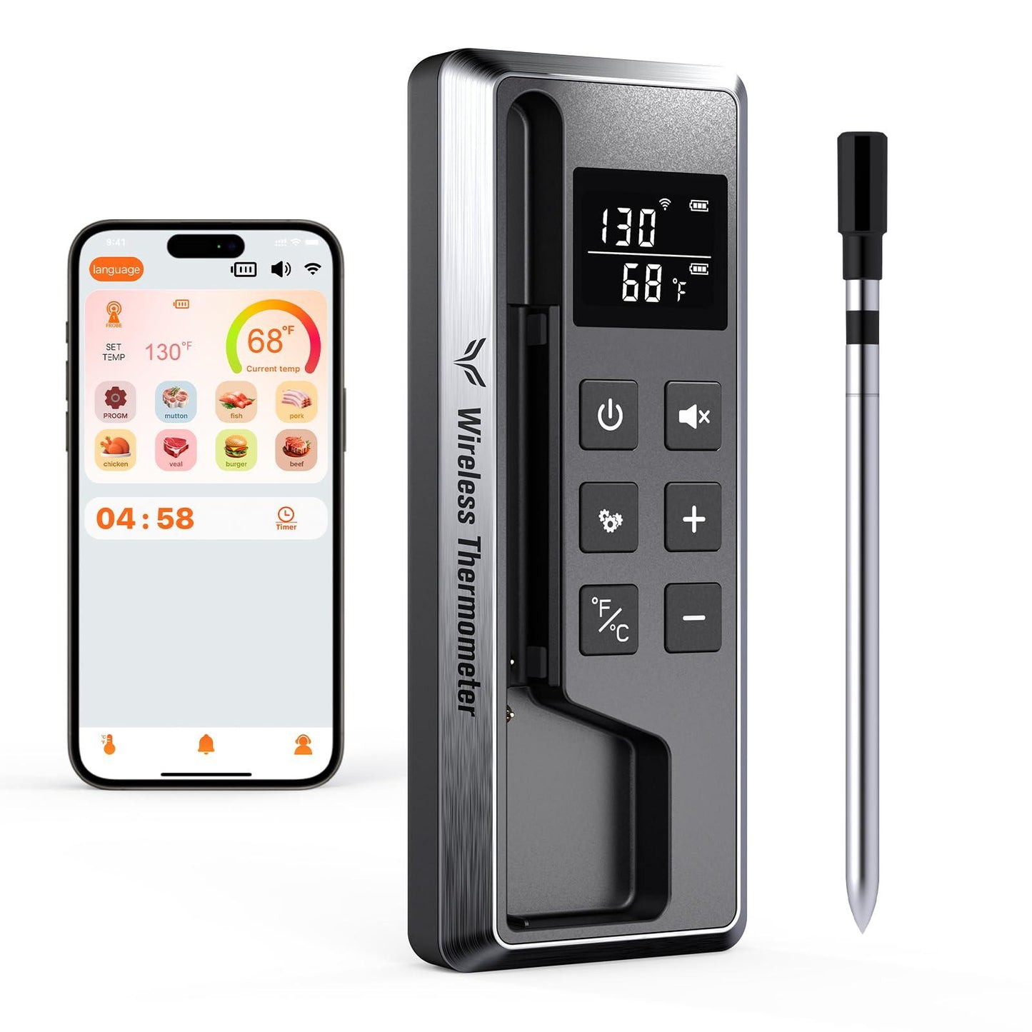 Paneceia Wireless Meat Thermometer Digital, 800FT Long Range Bluetooth Cooking Thermometer, Food Thermometer for Remote Monitoring of Grill, Oven, Smoker, Air Fryer, Rotisserie, iOS & Android App - CookCave