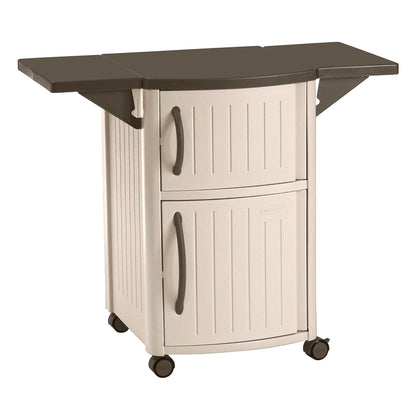 Suncast DCP2000 Portable Outdoor Patio Backyard Grilling Entertainment Serving Prep Station Table with Cabinet Storage and Drop Leaf Extensions, Beige - CookCave