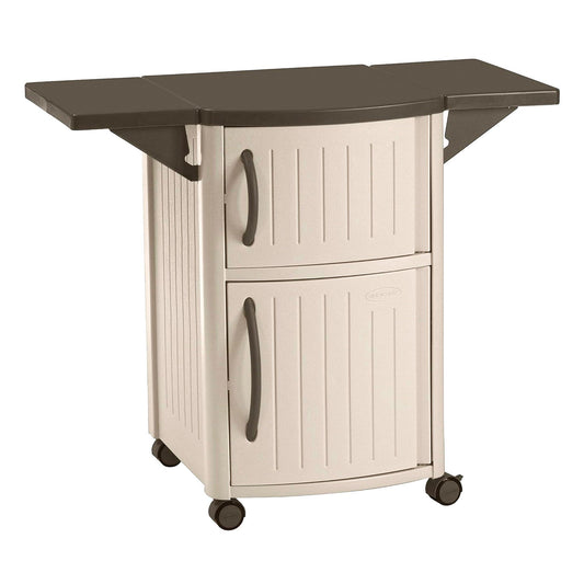 Suncast DCP2000 Portable Outdoor Patio Backyard Grilling Entertainment Serving Prep Station Table with Cabinet Storage and Drop Leaf Extensions, Beige - CookCave
