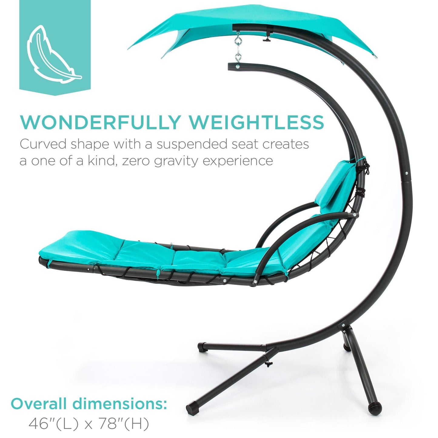 Best Choice Products Outdoor Hanging Curved Steel Chaise Lounge Chair Swing w/Built-in Pillow and Removable Canopy - Teal - CookCave