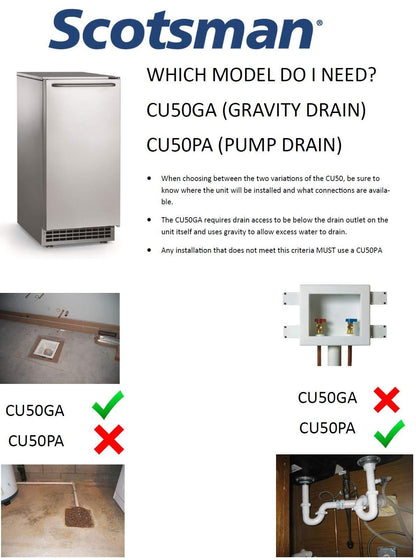 Scotsman CU50PA-1A Undercounter Ice Maker, Gourmet Cube, Air Cooled, Pump Drain with Cord, 115V/60/1-ph, 14.4 Amp (15 Amp Circuit Required), 14.9" Width x 22" Diameter x 34.4" Height - CookCave