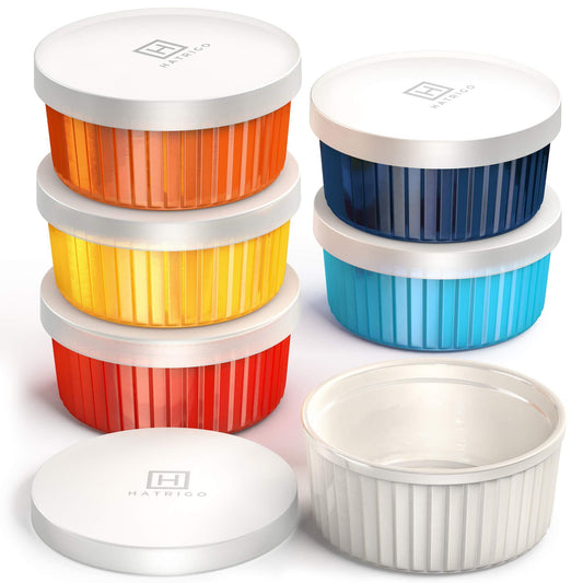 Hatrigo Porcelain Ramekins with Silicone Storage Lids, Set of 6 Assorted Colors, 10 oz Oven Safe to 450 deg F, Dishwasher Safe - CookCave