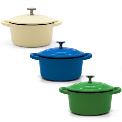 RJ Legend 8.5 oz. Mini Cocotte with Lid, Set of 3 Small Dutch Oven for Baking, Enameled Cast Iron Ramekin, 0.25 Quart, Blue/Green/White, 3pcs - CookCave