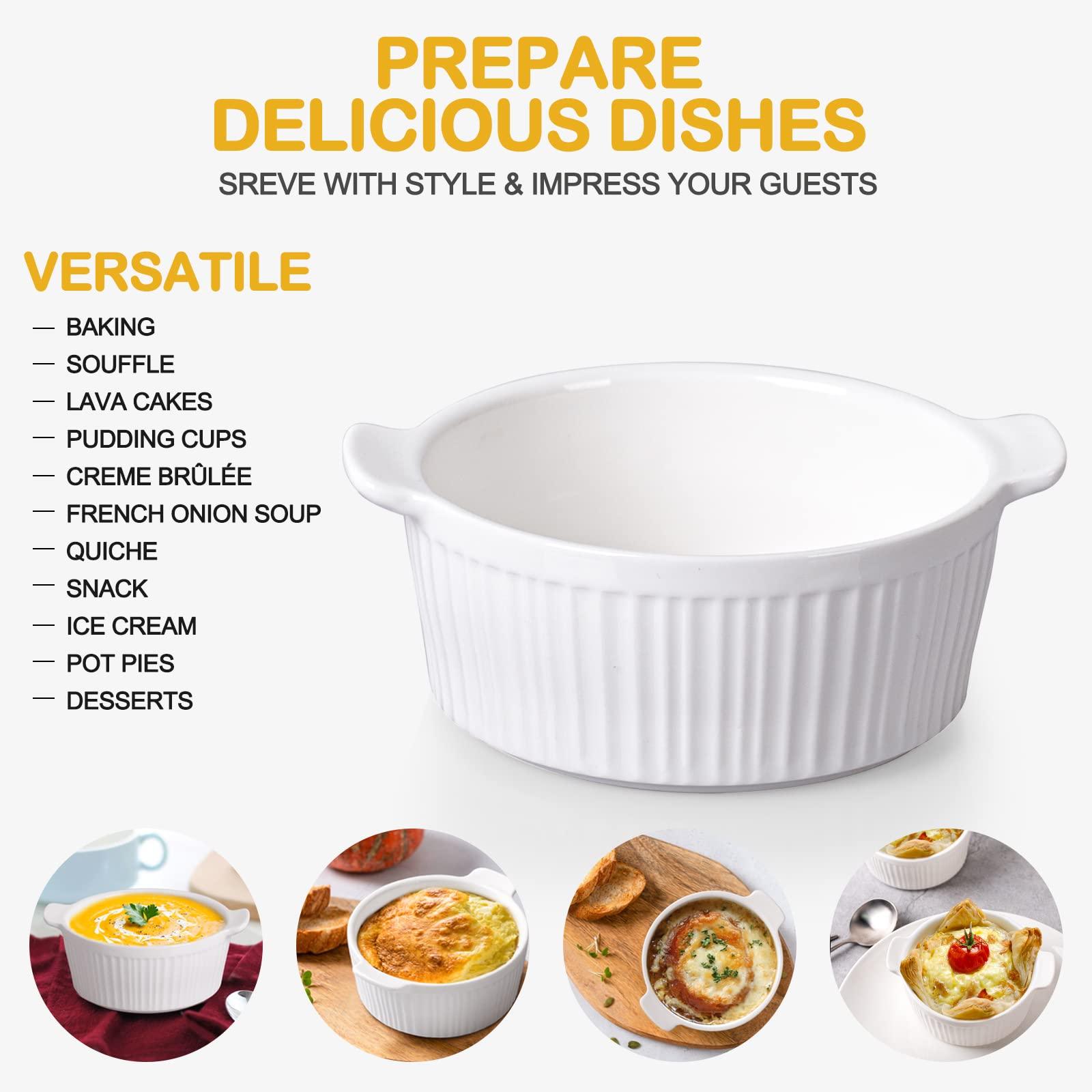 Delling Ramekins with Handle, 6 PACK Soup Bowls for French Onion Soup, Pot Pie, Lava Cakes, Creme Brulee, 12 Oz Porcelain Souffle Dish for Baking, White - CookCave