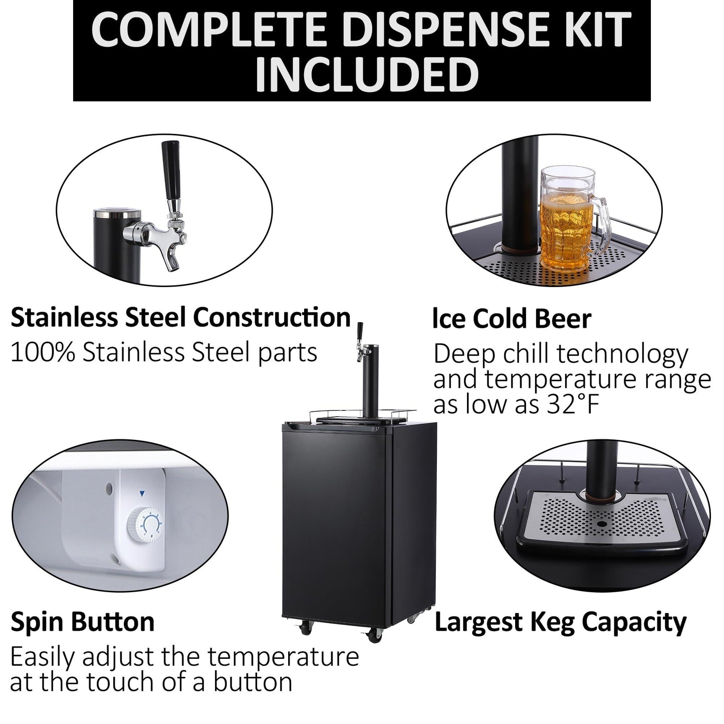 Kegerator and Keg Beer Cooler, Single Faucet Draft Beer Dispenser, Full Size Keg Refrigerator With Shelves, Stainless Steel, Drip Tray & Rail,black - CookCave