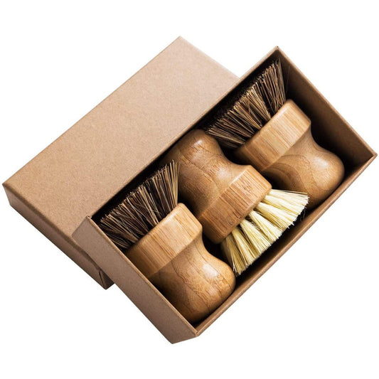 Palm Pot Brush- Bamboo Round 3 Packs Mini Dish Brush Natural Scrub Brush Durable Scrubber Cleaning Kit with Union Fiber and Tampico Fiber for Cleaning Pots, Pans and Vegetables - CookCave