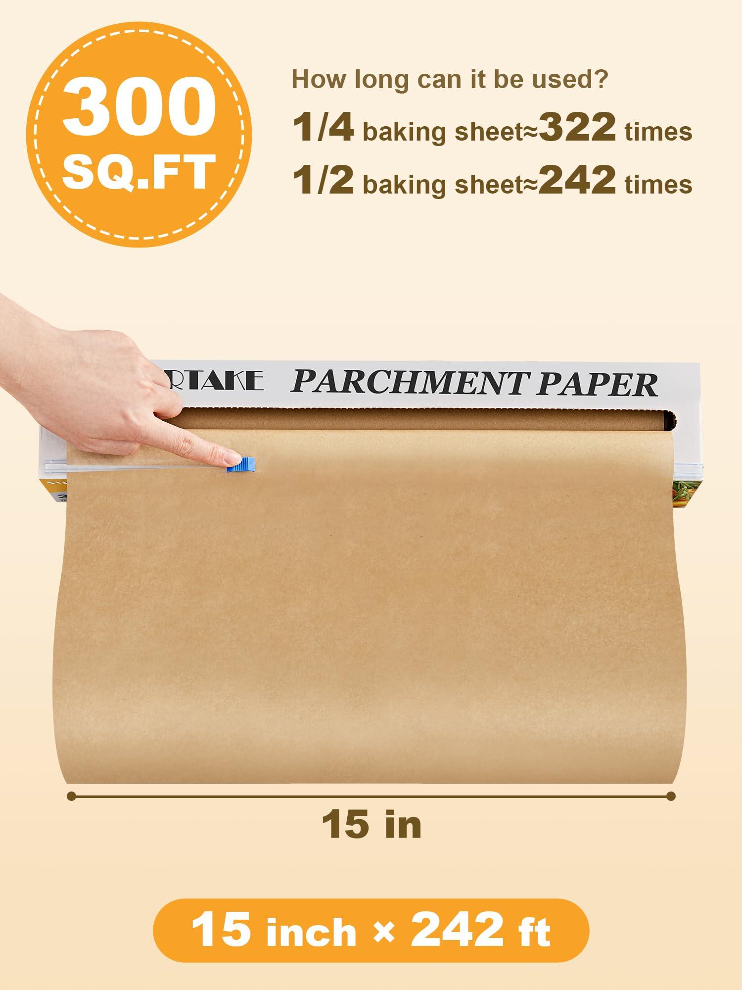 SMARTAKE Parchment Paper Roll for Baking, 15 in x 242 ft, 300 sq.ft, Non-Stick Baking Paper Sheets with Slide Cutter, Heavy Duty Extra Long, for Kitchen Baking Cooking Grilling Steaming, Unbleached - CookCave