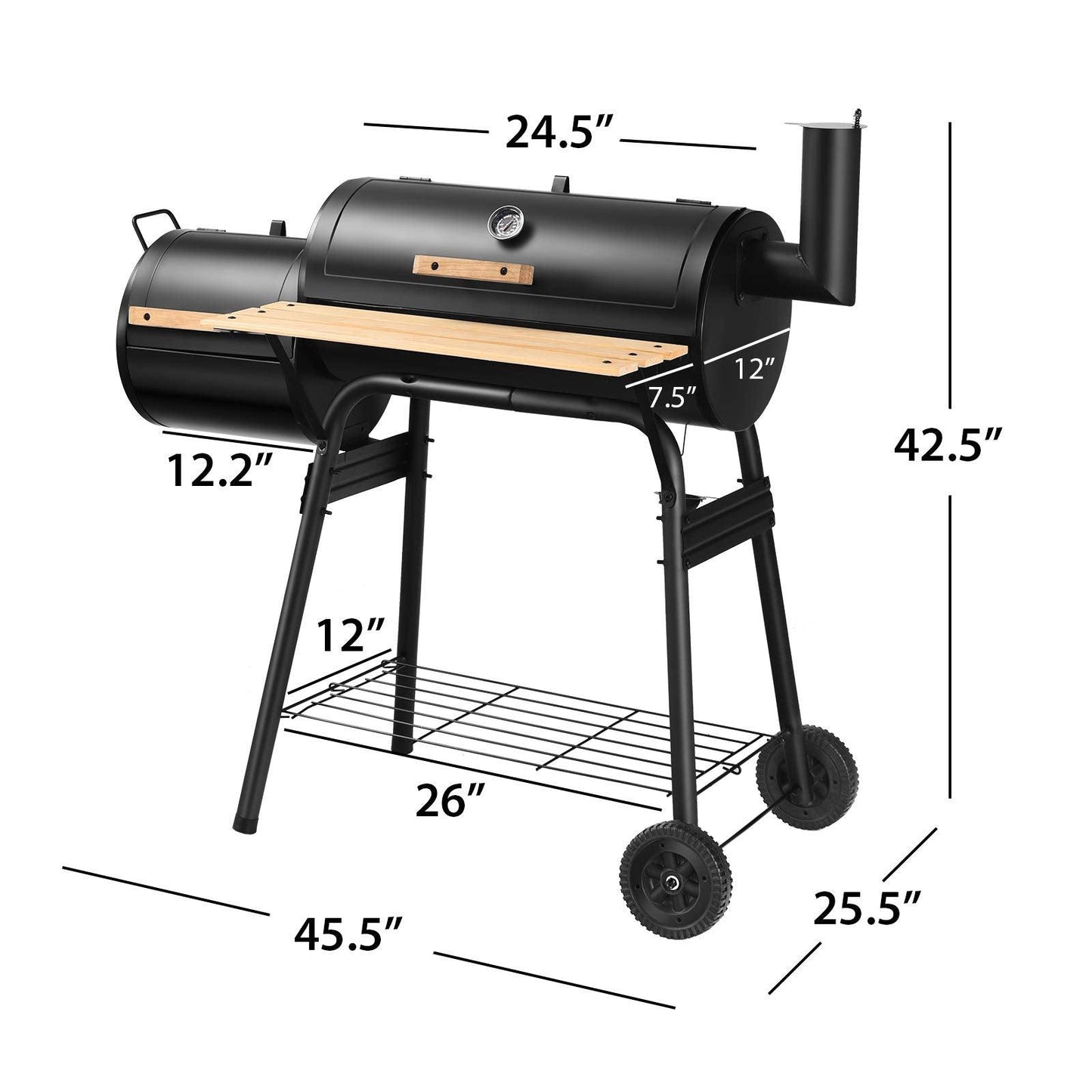 Giantex BBQ Charcoal Grill with Offset Smoker, Thermometer and Adjustable Damper, Meat Cooker Smoker for Backyard Family Gathering and Outdoor Picnic, 2 Moveable Wheels, 2 Shelves and Wooden Handles - CookCave