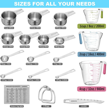 AIKEXIN 20-Piece Measuring Cups and Spoons Set, Nesting Stainless Steel Measuring Cups Spoons with Plastic Measuring Cup for Dry and Liquid Ingredients, Kitchen Cooking & Baking Gadgets - CookCave