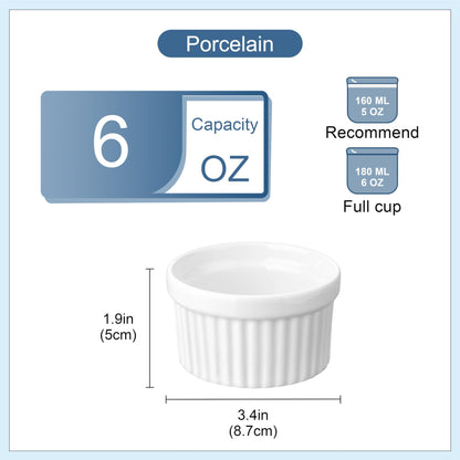 LOVECASA Ramekins 6 oz for Creme Brulee, Porcelain White Ramiken Set Souffle Dishes Oven Safe for Baking Lava Cakes, Puddings, Custards Cups and Dipping Sauces Bowls, Set of 6 - CookCave