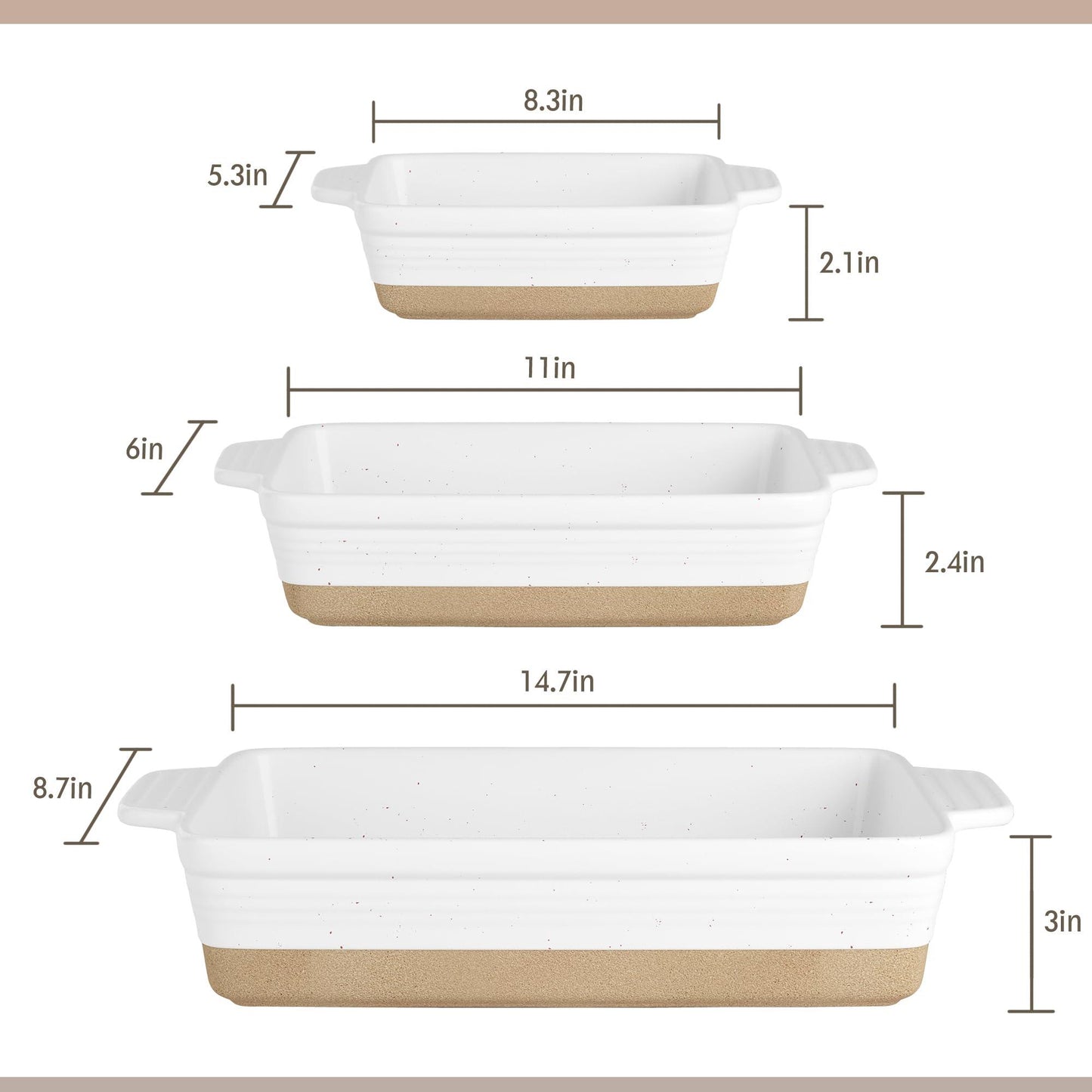 YMASINS Ceramic Baking Dish, Casserole Dishes for Oven, Extra Deep Lasagna Pans with Handles, Rectangular Bakeware Set of 3 from Oven to Table, Easy to Clean, 14.7 x 8.7 x 3 Inches, White - CookCave