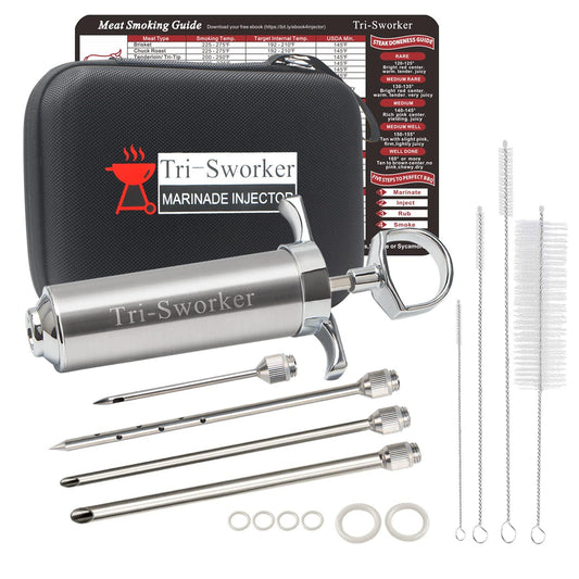 Tri-Sworker Meat Injectors for Smoking with Case and 4 Flavor Food Injector Syringe Needles, Injector Marinades for Meat, Turkey, Brisket; 2-oz; Including Paper and E-Book (PDF) User Manual - CookCave