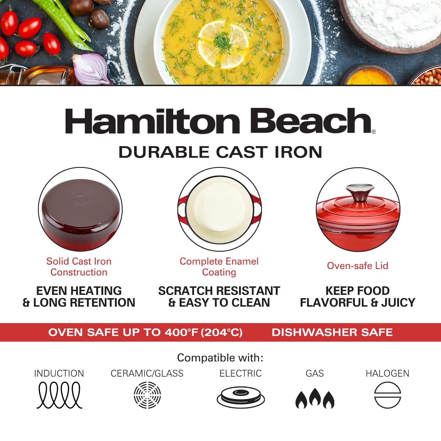 Hamilton Beach Enameled Cast Iron Dutch Oven Red (3-Quart) | Cream Enamel Coating Dutch Oven Pot with Lid | Cast Iron Dutch Oven with Even Heat Distribution | Easy Grip to Handles & Multipurpose - CookCave