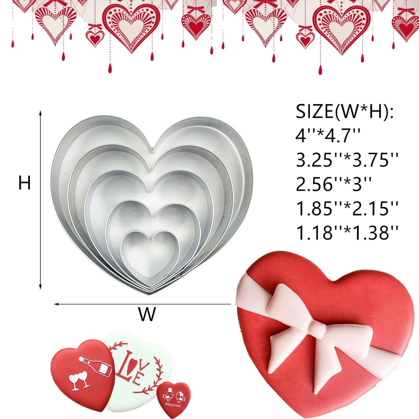 5Pcs Heart Cookie Cutter Set, Large Size 4.7" 3.75" 3" 2.15" 1.38" Heart Shapes Cookies Molds for Anniversary, Bridal, Engagement and Valentines' Day,Wedding with Recipe Instruction - CookCave