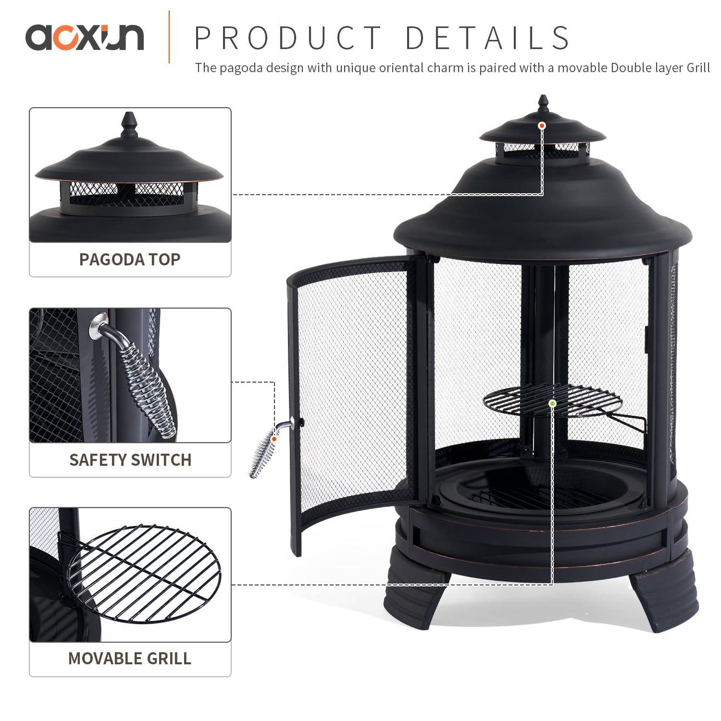 Aoxun Chiminea Fire Pit,2 in 1 Fire Pit for Outdoor,Chiminea Fireplace with Mesh Spark Screen Doors, Outside Wood Burning Fire Pit for Patio - CookCave