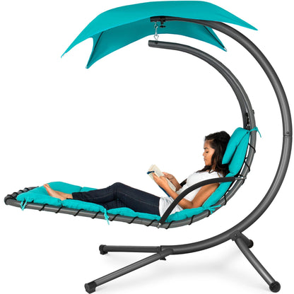 Best Choice Products Outdoor Hanging Curved Steel Chaise Lounge Chair Swing w/Built-in Pillow and Removable Canopy - Teal - CookCave