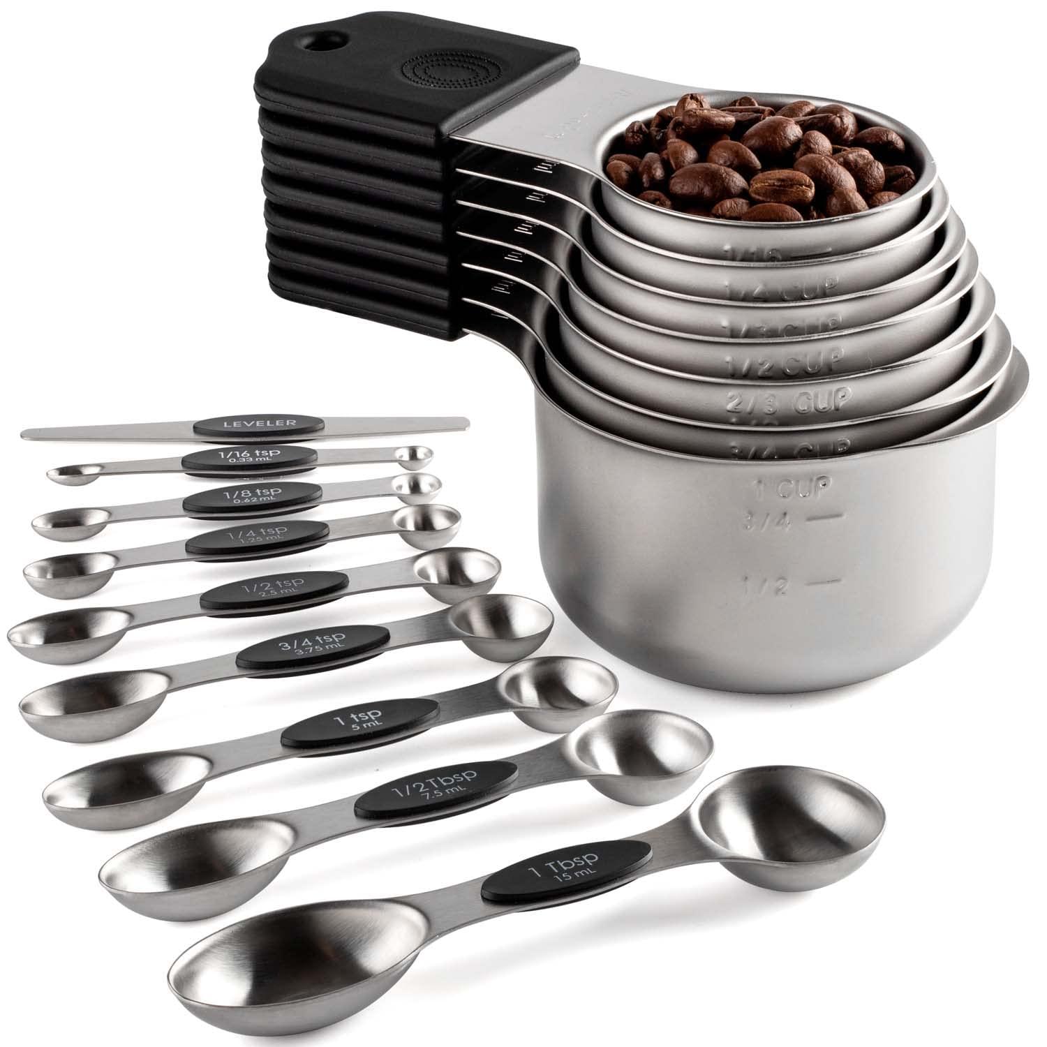 Magnetic Measuring Cups and Spoons Set Including 7 Stainless Steel Stackable Measuring Cup 8 Double Sided Magnetic Measuring Spoons with 1 Leveler for Dry and Liquid Ingredients (black) - CookCave