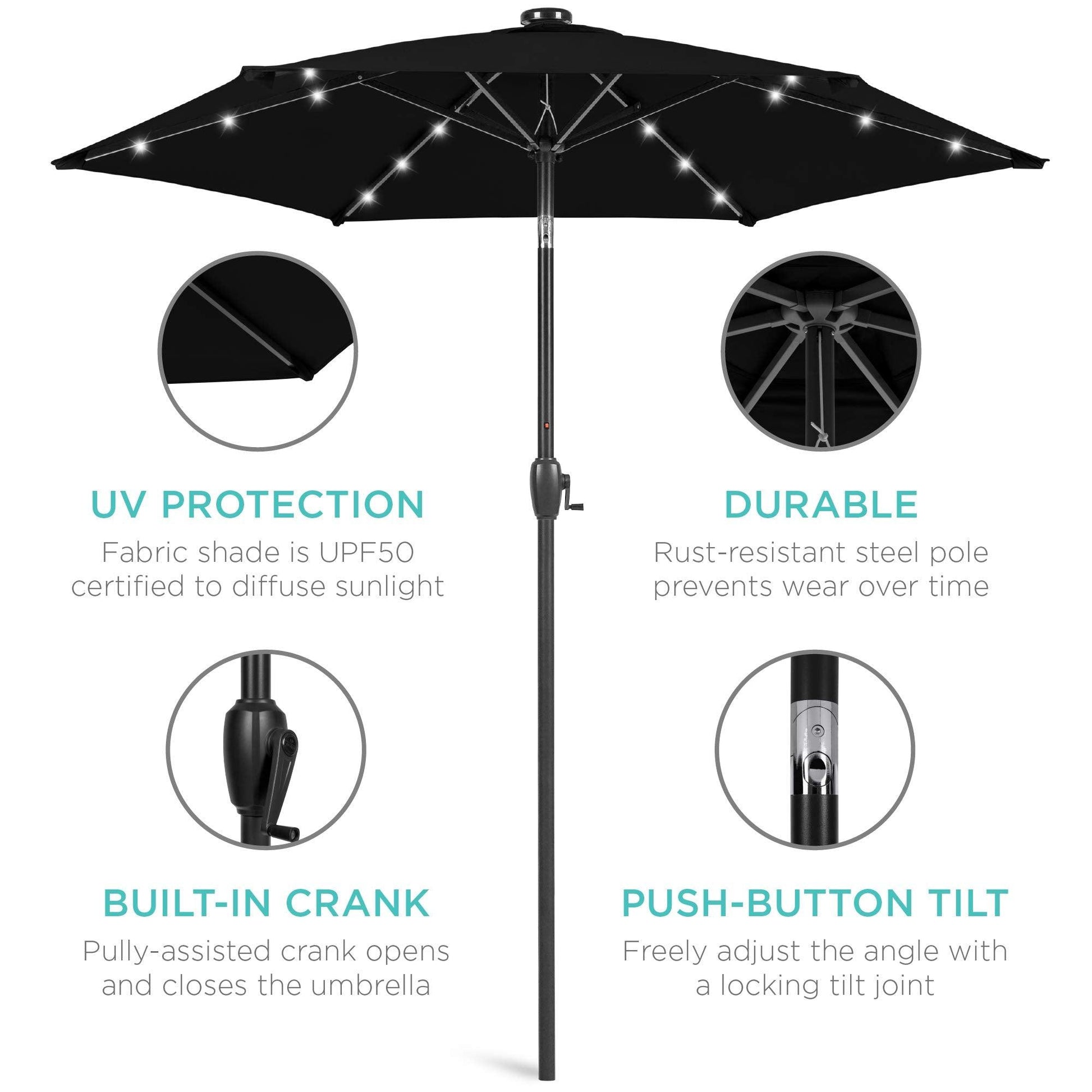 Best Choice Products 7.5ft Outdoor Solar Market Table Patio Umbrella for Deck, Pool w/Tilt, Crank, LED Lights - Black - CookCave