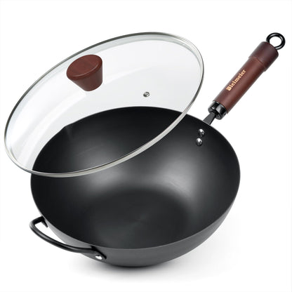 Bielmeier Wok Pan with Lid， Versatile and Durable Carbon Steel Wok - Natural Non-Stick Woks and Stir Fry Pans, Flat Bottom Wok Suitable for All Cooktops - Perfect for Asian Cuisine - CookCave