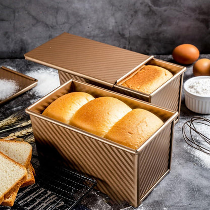 Cayanmydery Pullman Loaf Pan with Lid, Non-Stick Bakeware Golden Corrugated Carbon Steel Bread Toast Box Mold with Cover for Baking Bread, 1 lb Dough Capacity - CookCave