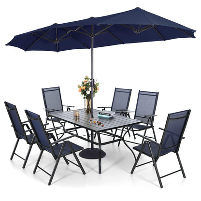 Sophia & William 7 Pieces Patio Furniture Set with 13 Ft Navy Double-Sided Umbrella, Outdoor Sling Folding Dining Chairs & Metal Table Set, Navy 7 Levels Adjustable Patio Chairs for Porch Backyard - CookCave