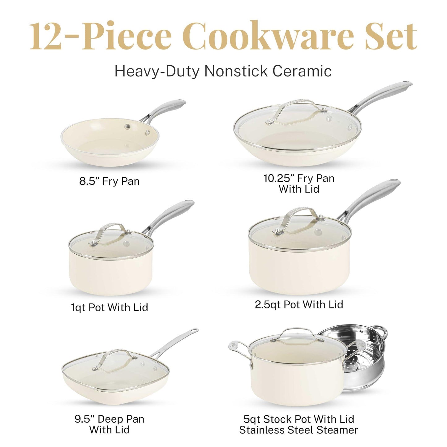 Gotham Steel 12 Pc Ceramic Pots and Pans Set Nonstick Cookware Set, Pot and Pan Set, Kitchen Cookware Sets, Ceramic Cookware Set, Non Toxic Cookware Set, Pot Set, Dishwasher Safe, Cream White - CookCave