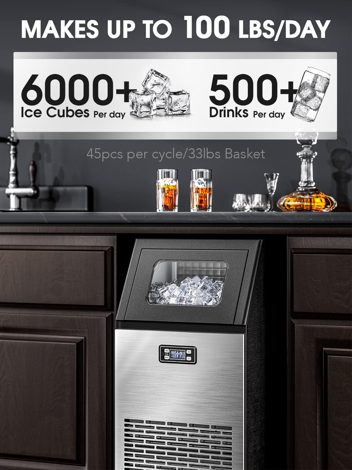 Joy Pebble V2.0 Commercial Ice Maker,100 lbs,2-Way Add Water,Large Ice Maker Self Cleaning,Ice Machine with 24 Hour Timer,33 lbs Basket,Stainless Steel Ice Makers for School,Home,Bar,RV - CookCave