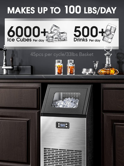 Joy Pebble V2.0 Commercial Ice Maker,100 lbs,2-Way Add Water,Large Ice Maker Self Cleaning,Ice Machine with 24 Hour Timer,33 lbs Basket,Stainless Steel Ice Makers for School,Home,Bar,RV - CookCave