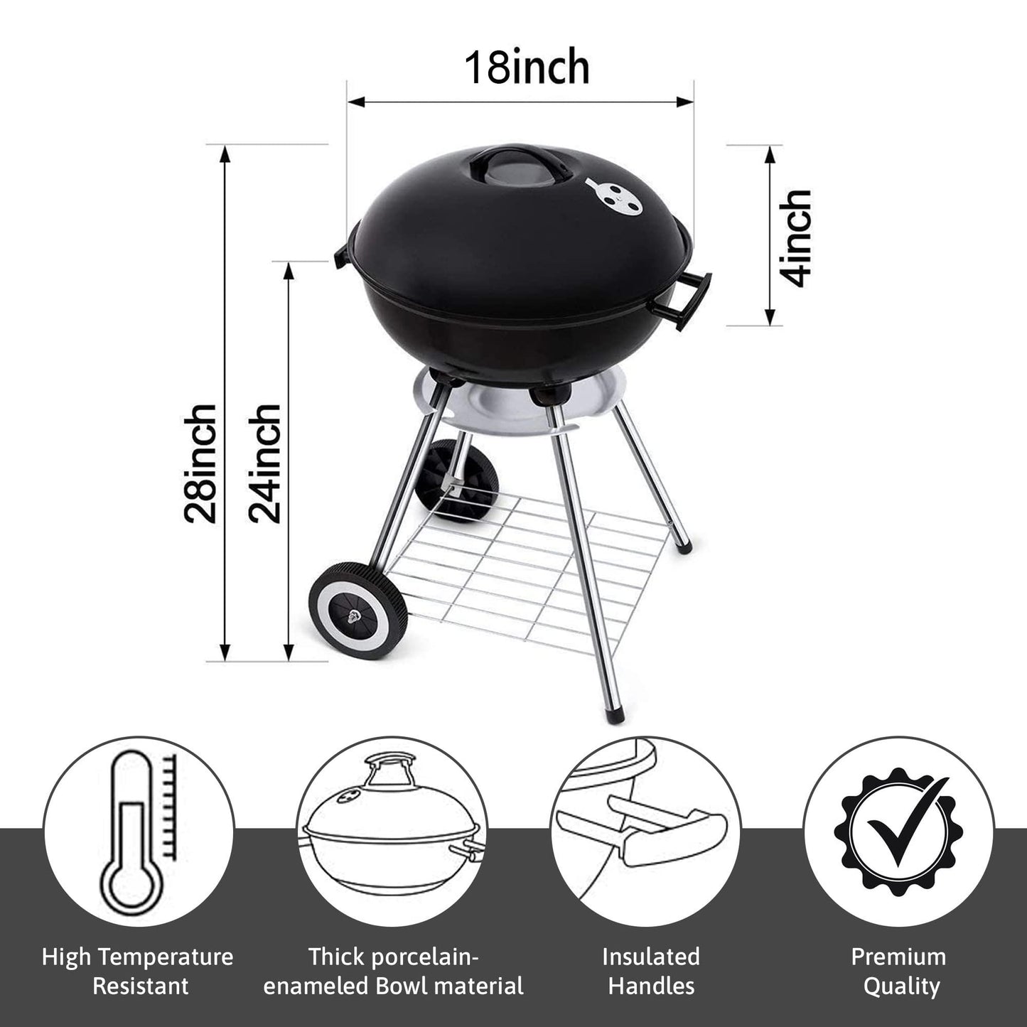 18 Inch Portable Charcoal Grill with Wheels for Outdoor Cooking Barbecue Camping BBQ Coal Kettle Grill - Heavy Duty Round with Thickened Grilling Bowl Wheels for Small Patio Backyard - CookCave