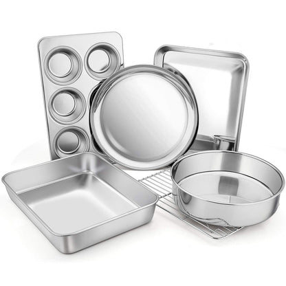 Toaster Oven Bakeware Set, E-far 6-Piece Stainless Steel Small Baking Pan Set, Include Cake Brownie Pan/Cookie Sheet with Rack/Muffin Tin/Pizza Pan, Non-Toxic & Healthy, Easy Clean & Dishwasher Safe - CookCave