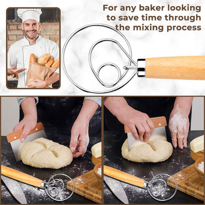 FUANRTK Danish Dough Whisk Bread Mixer，2 Pack Premium Stainless Steel Dutch Whisk With a Dough Scraper for Bread, Pastry or Pizza Dough - Perfect Baking - CookCave